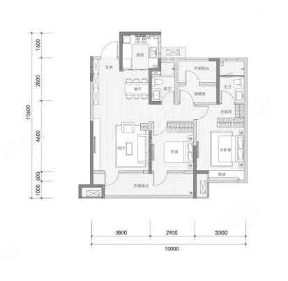 3室2厅2卫1厨， 建面108平米