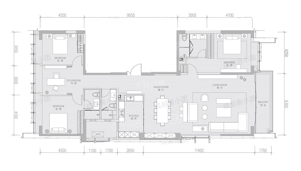 成都蔚蓝卡地亚花园城4室2厅2卫户型图-成都楼盘网