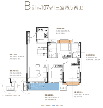 B户型，建面约107㎡三房