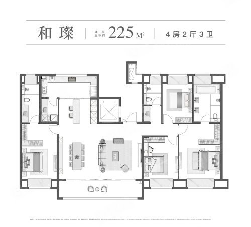 4室2厅3卫1厨， 建面225平米