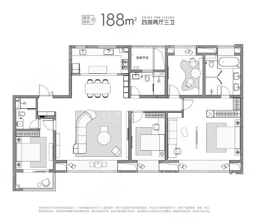 4室2厅3卫1厨， 建面188平米