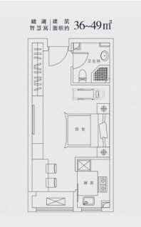 公寓户型图，1室1厅1卫，建面：36㎡