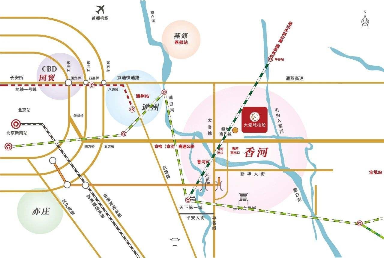 香河大爱城项目距北京45公里,位于首都经济圈核心,京哈(京沈)高速香河