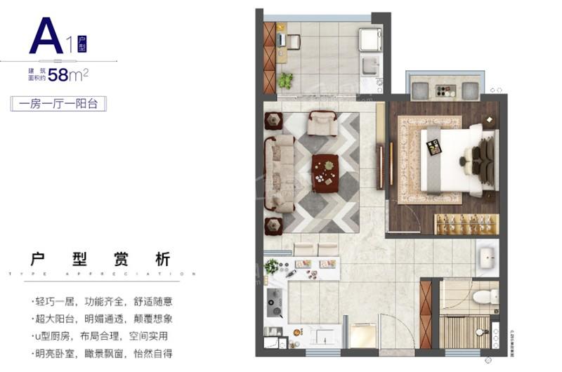 A1户型建筑面积约：58㎡一室一厅一卫