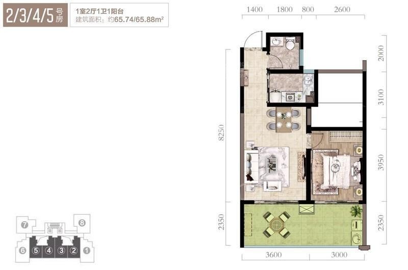 建筑面积约：65㎡一房两厅一卫