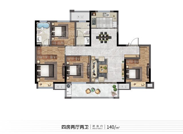 鹏欣尚誉建面约140㎡户型图四开间朝南设计,大程度将阳光纳入家中,从