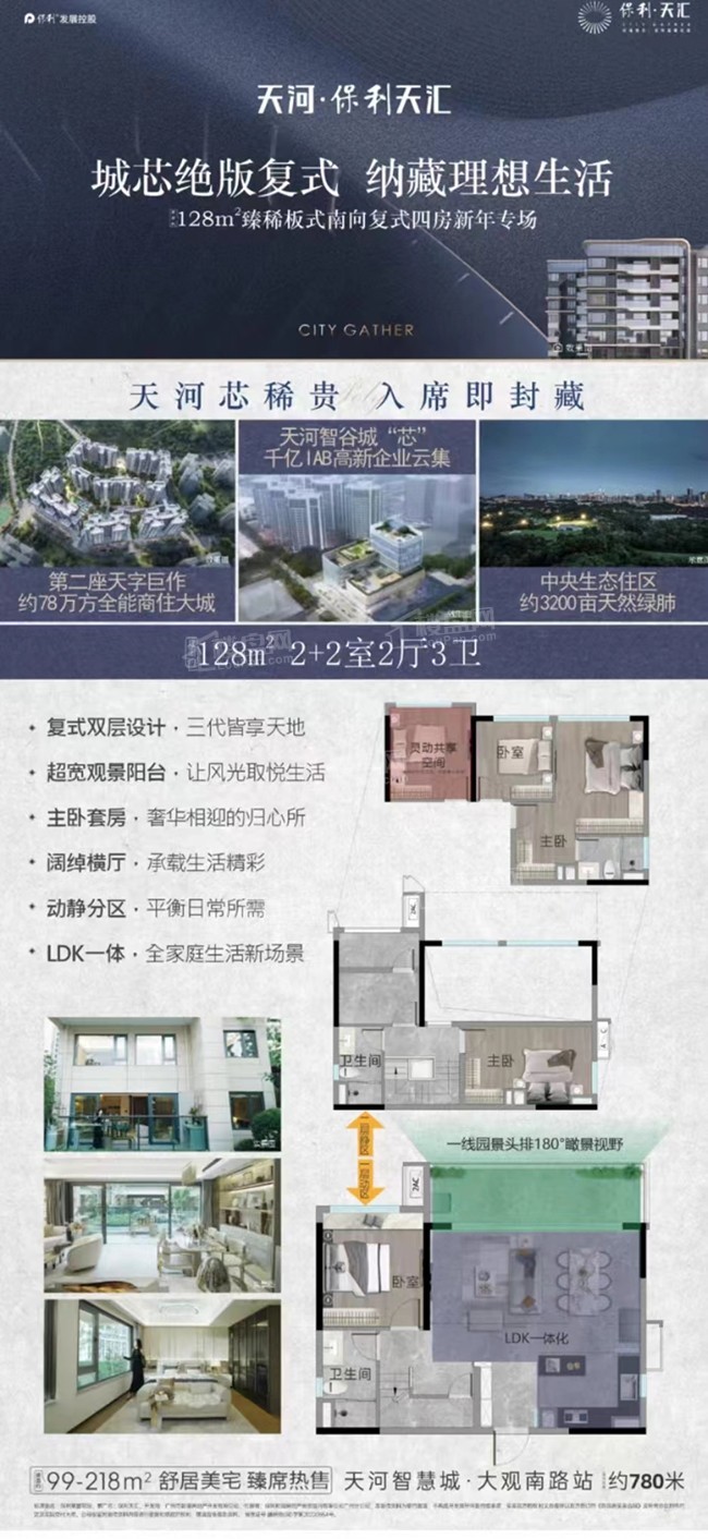 【保利天汇】推出建面约128平买1得2南向宽幕复式4房户型专场 板式设计-广州楼盘网