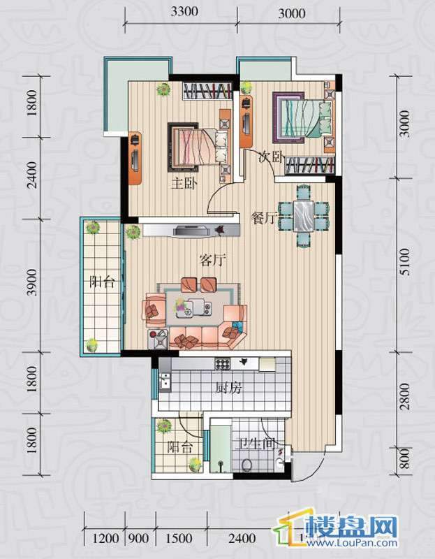 阳光领地C户型2室2厅1卫1厨