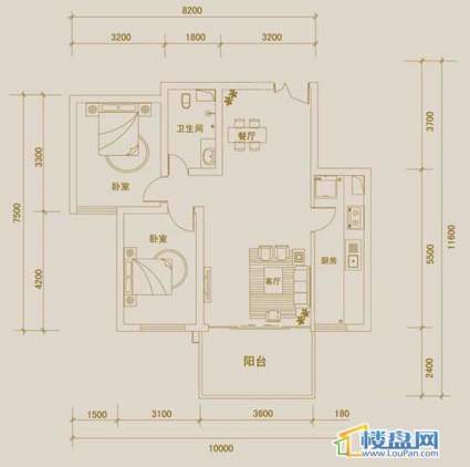 金宇紫林广场N户型2室2厅1卫1厨