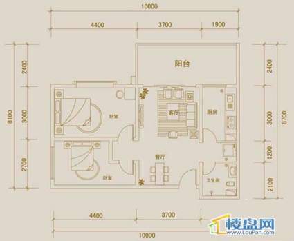 金宇紫林广场F户型2室2厅1卫1厨