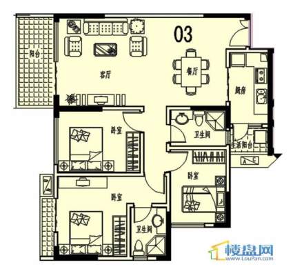 中天会展城B单体03户型3室2厅2卫1厨