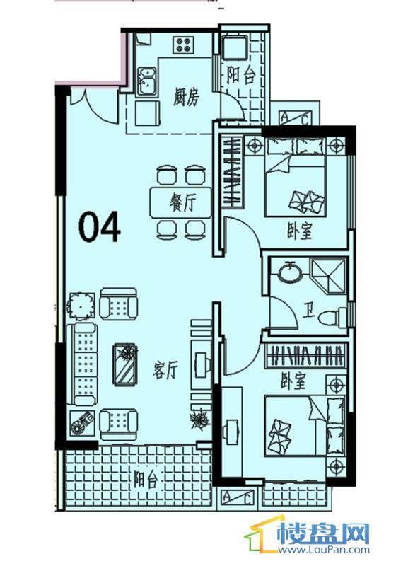 中天会展城A单体04户型2室2厅1卫1厨