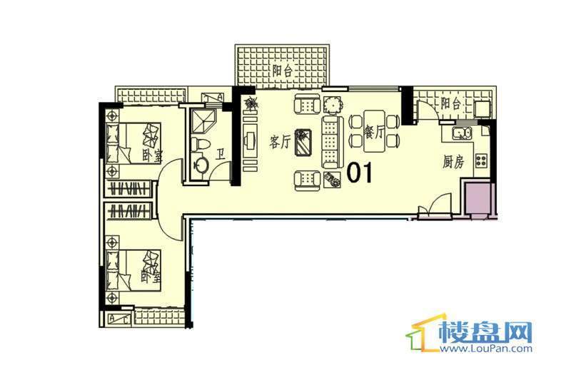 中天会展城A单体01户型2室2厅1卫1厨