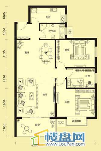 亨特国际二期3栋D户型3室2厅1卫1厨