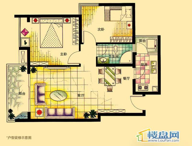 虹祥花郡A2号C户型2室2厅1卫1厨