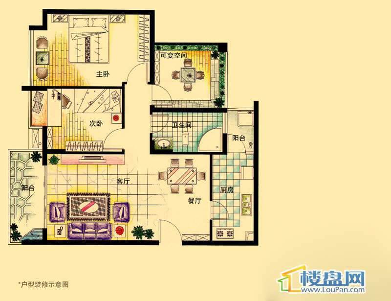 虹祥花郡A1-A3号D户型2室2厅1卫1厨