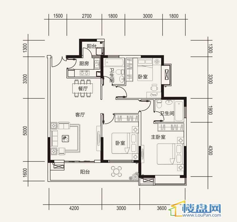 远大生态风景栖景湾E户型3室2厅2卫1厨