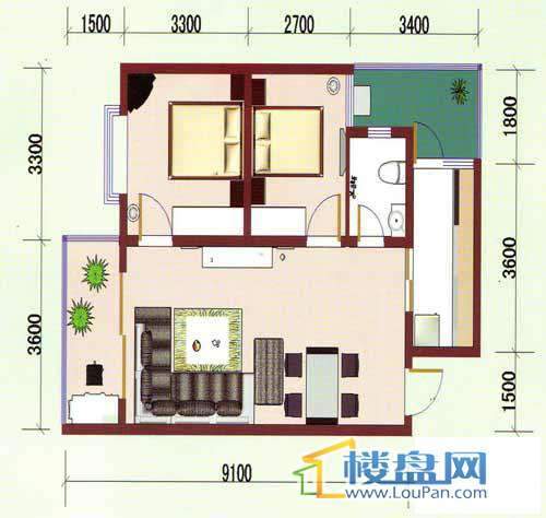 华龙绿韵丽都A区七号楼7、8号房户型2室2厅1卫1厨