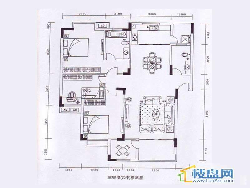 龙砚东山D户型3室2厅1卫1厨