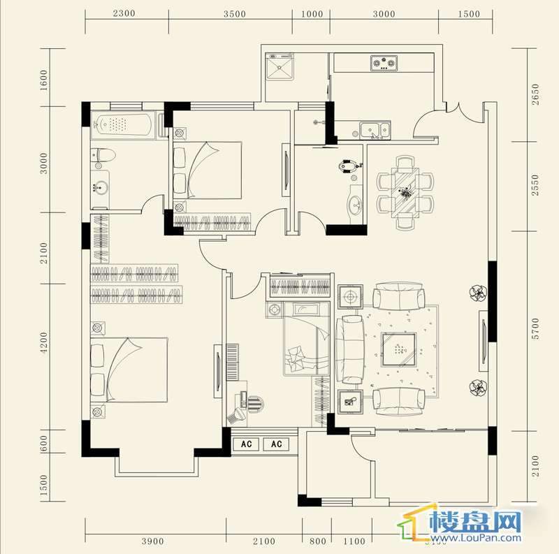 龙砚东山A户型3室2厅2卫1厨