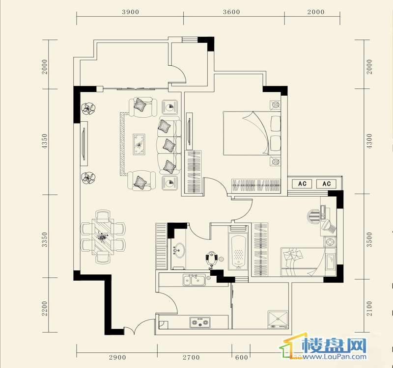 龙砚东山C户型2室2厅1卫1厨