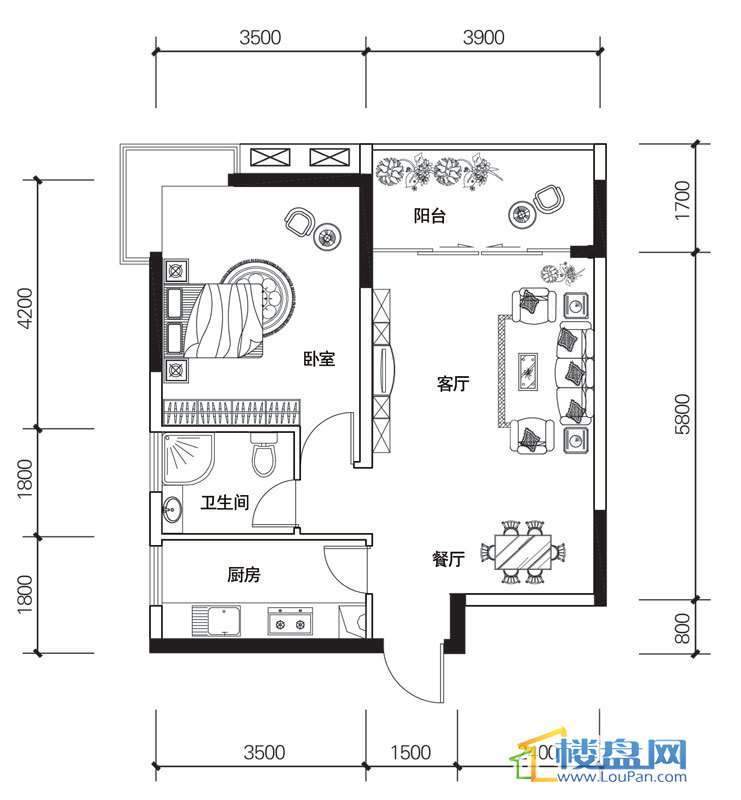 北京路1号1单元4号房户型1室2厅1卫1厨