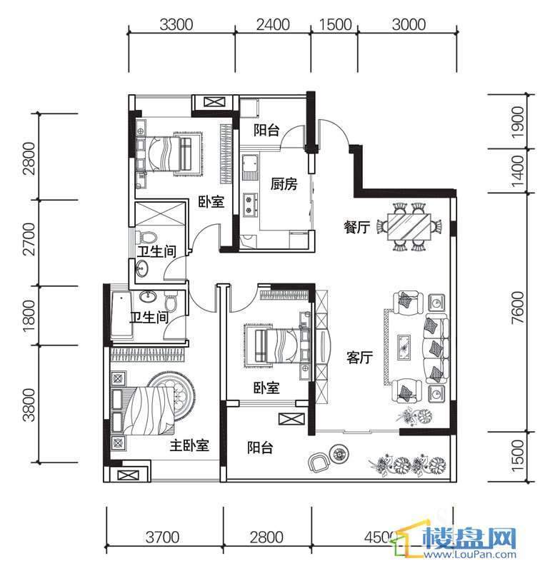 北京路1号2单元5号房户型3室2厅2卫1厨