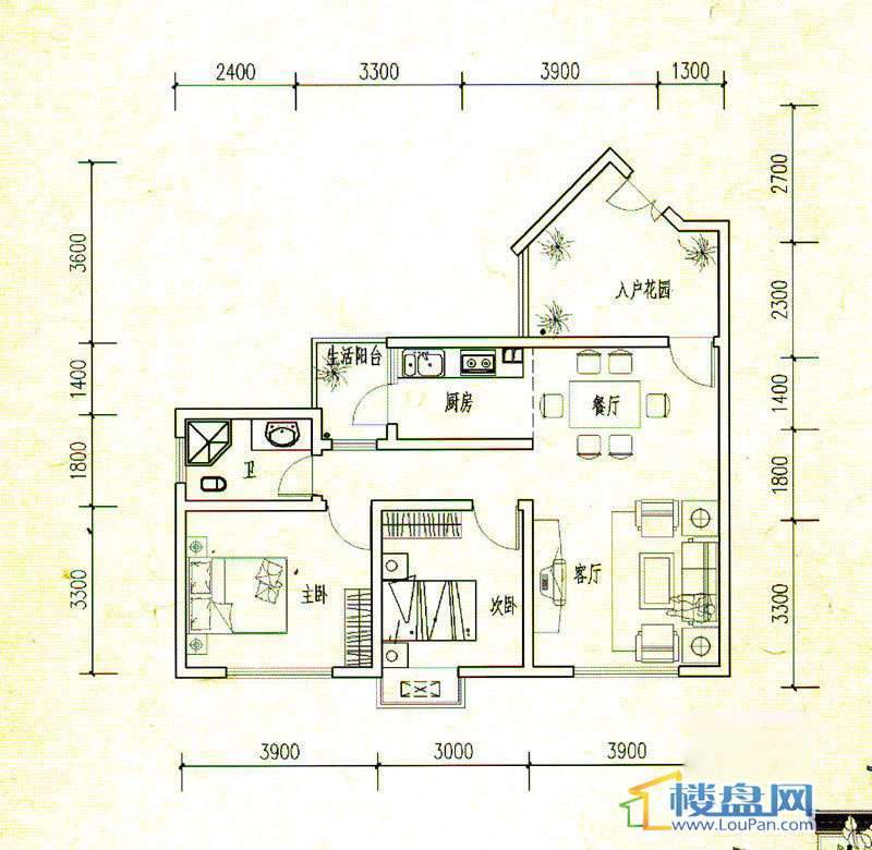 山居十二一期D3户型2室2厅1卫1厨