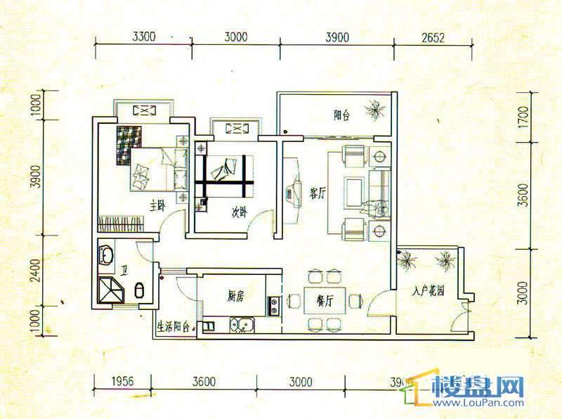 山居十二一期E1户型2室2厅1卫1厨87.13