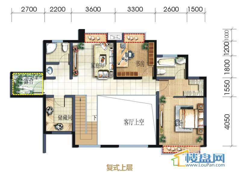 坤元水木清华1栋2单元A户型复式上层4室3厅4卫1厨