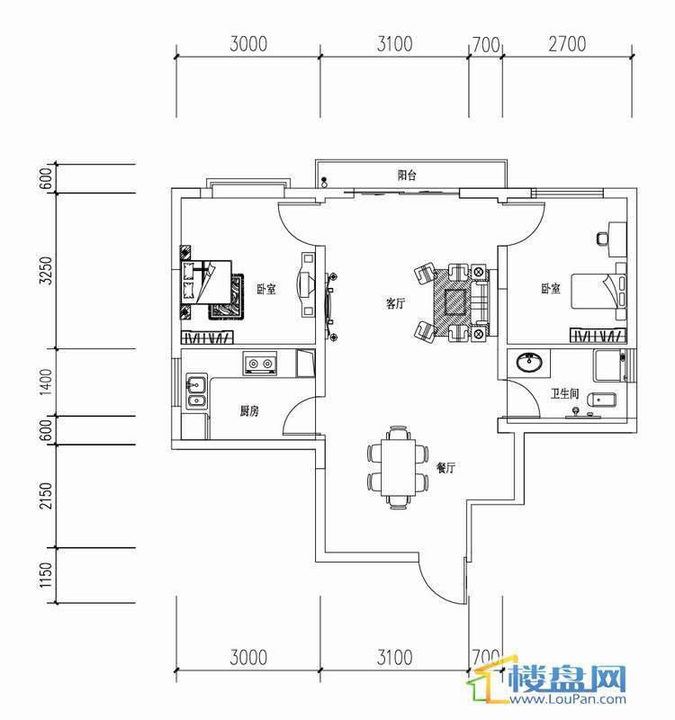 义信麒麟苑A户型2室2厅1卫1厨