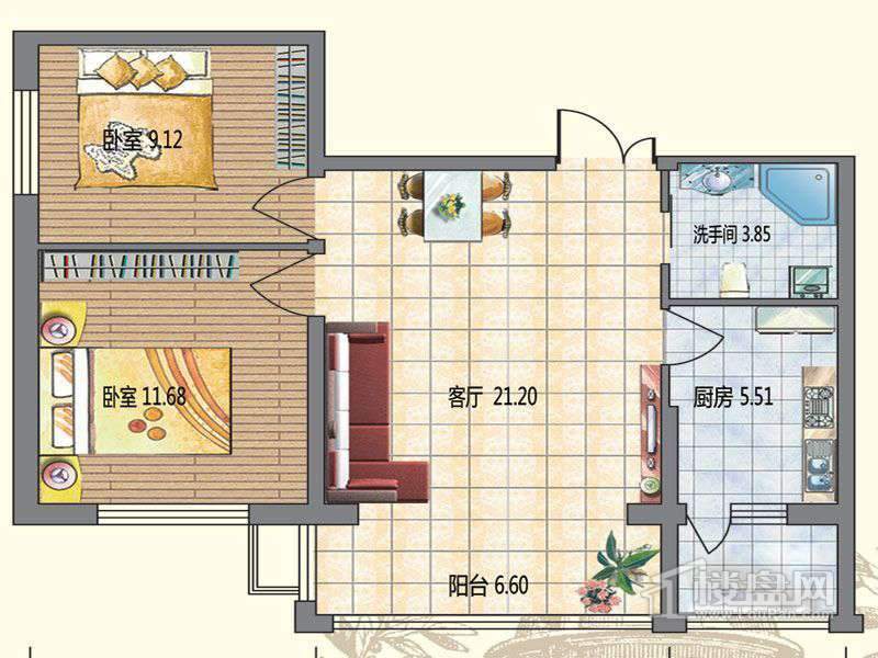 高层2栋C户型2室2厅1卫1厨 