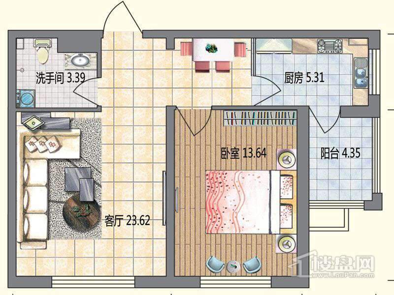 高层6栋B户型1室1厅1卫1厨 