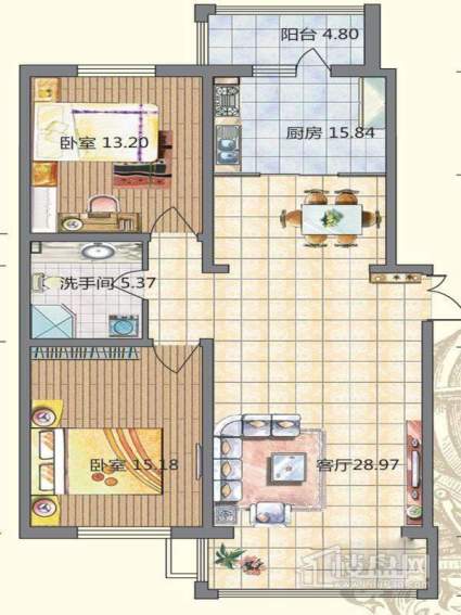 高层9栋A户型2室2厅1卫1厨 