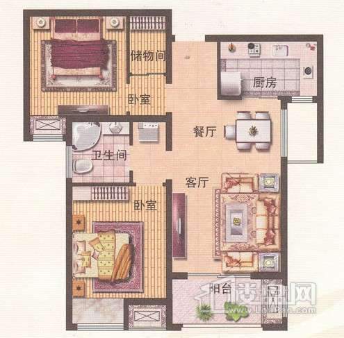 1-7#楼标准层A1户型2室2厅1卫 89.00㎡