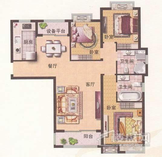 1-3、7#楼标准层C2户型3室2厅2卫 123.00㎡