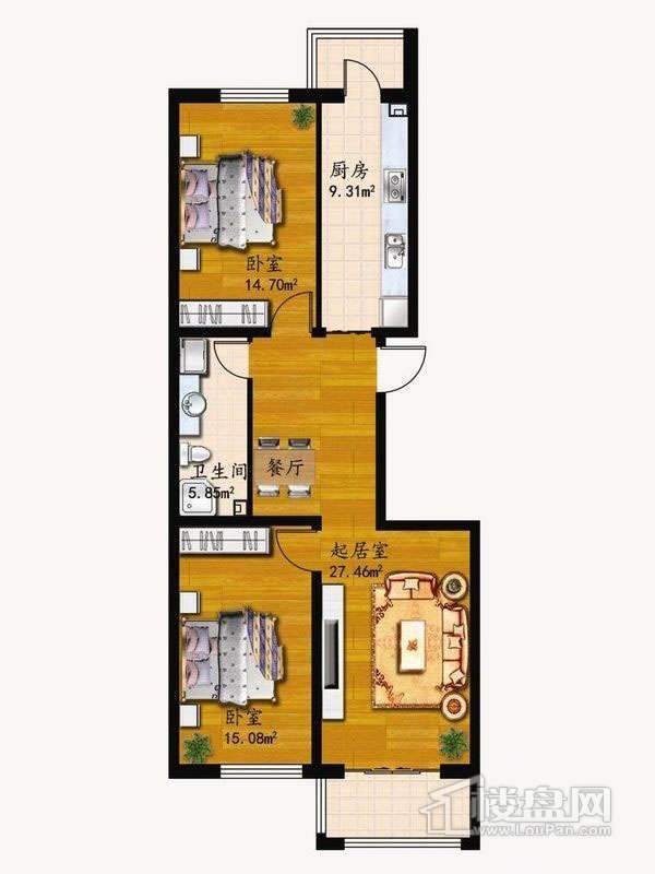 户型H2室1厅1卫1厨 72.40