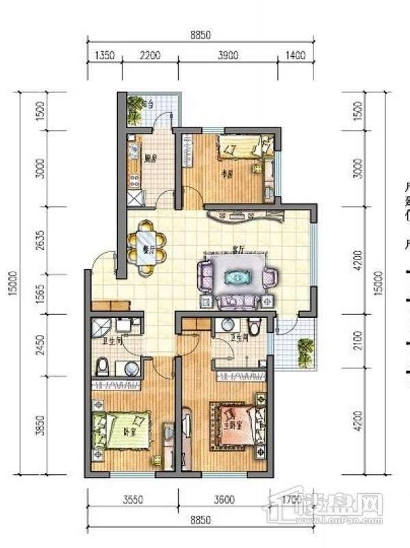 滨才城户型图85-A-2 3室2 