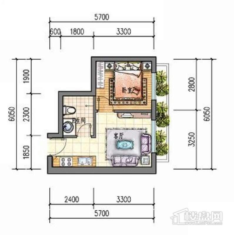 滨才城户型图24-B-2 1室1厅 