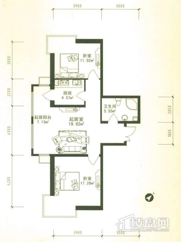 华风海城湾4#楼二单元04号户型2室1厅1卫1厨