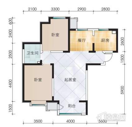 六期2号楼标准层两室户型2室2厅1卫1厨