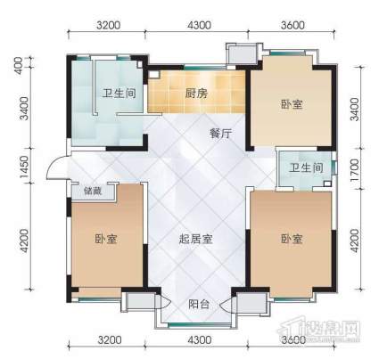六期2号楼标准层三室户型3室2厅2卫1厨.