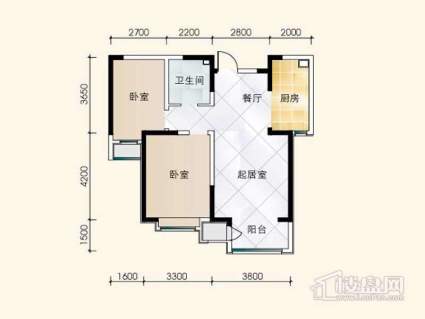 六期高层标准层两室户型图-2室2厅1卫1厨