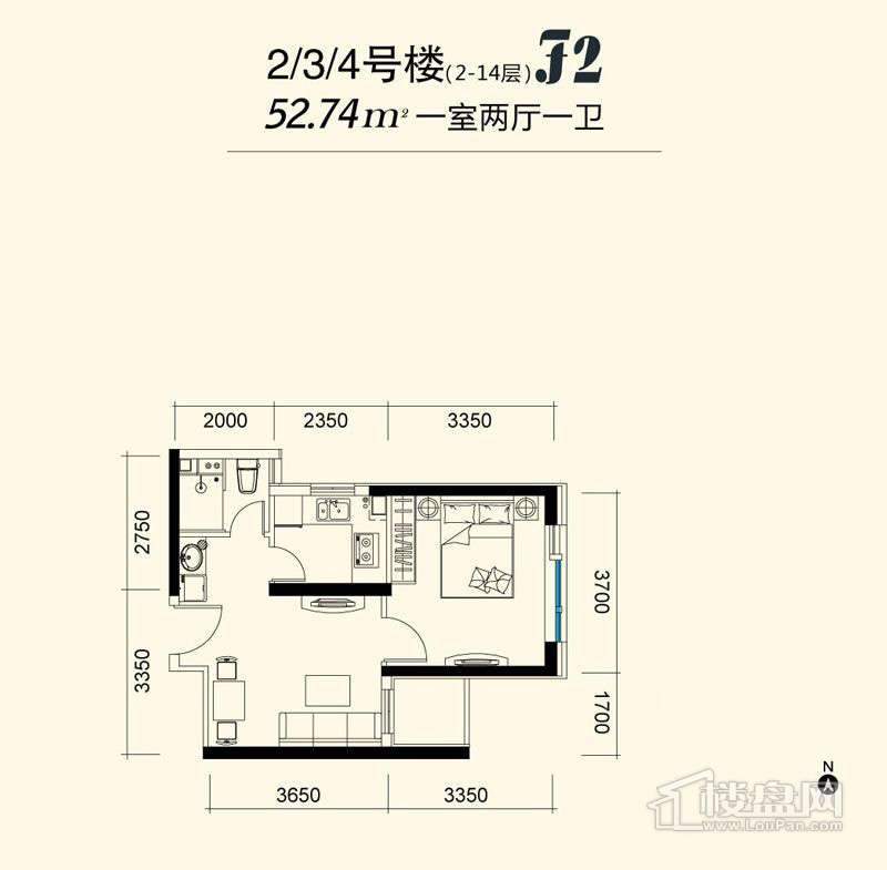 2、3、4号楼标准层f2户型图1室2厅1卫1厨-