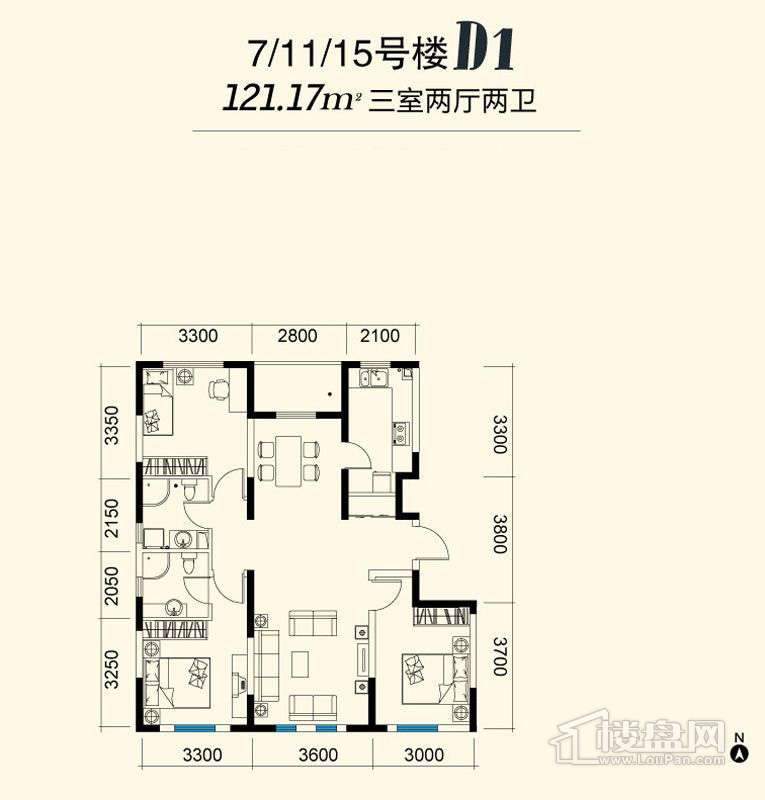 7、11、15号楼标准层d1户型图3室2厅2卫1厨-