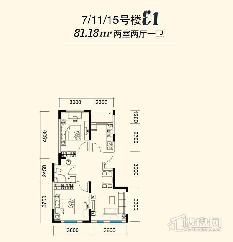 智造创想城7、11、15号楼标准层e1户型图2室2厅1卫1厨-