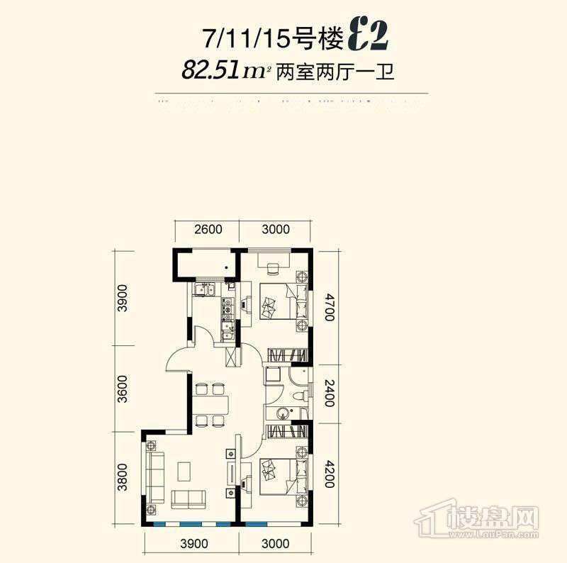 7、11、15号楼标准层e2户型图2室2厅1卫1厨-