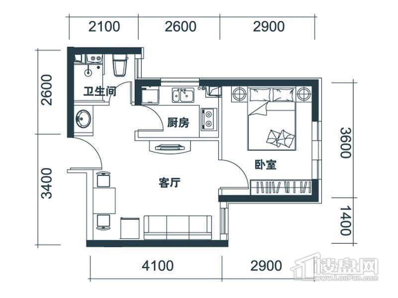 53平米高层标准层户型1室1厅1卫1厨-