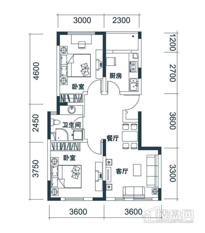 80平米洋房标准层户型2室2厅1卫1厨-