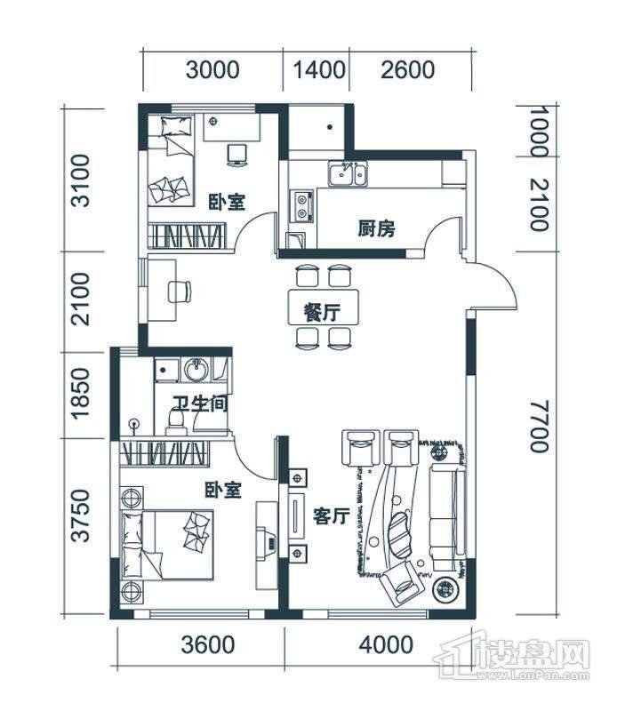96平米洋房标准层户型2室2厅1卫1厨-